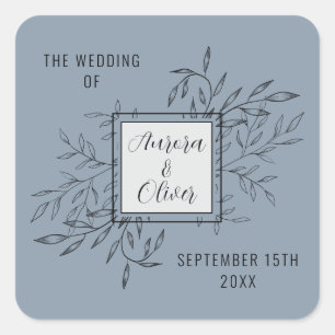 Delicate Foliage Dusty Blue Wedding Invite Square Sticker