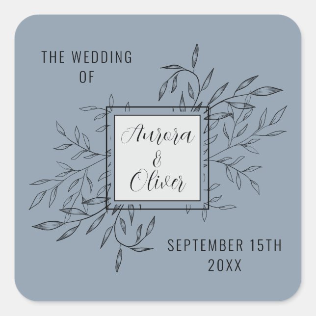 Delicate Foliage | Dusty Blue | Wedding Invite Square Sticker (Front)