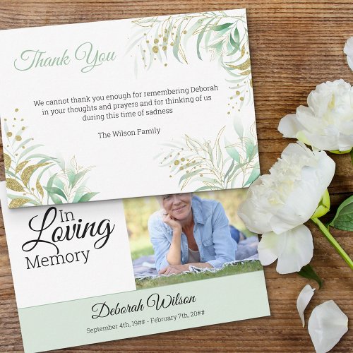 Delicate Foliage Green and Gold Memorial Photo Thank You Card