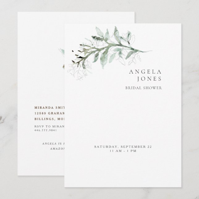 Delicate Foliage White Bridal Shower Invitation (Front/Back)