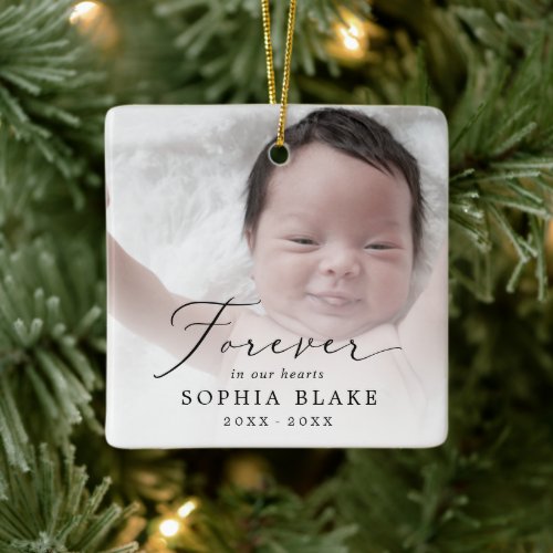 Delicate Forever in Our Hearts Baby Photo Memorial Ceramic Ornament