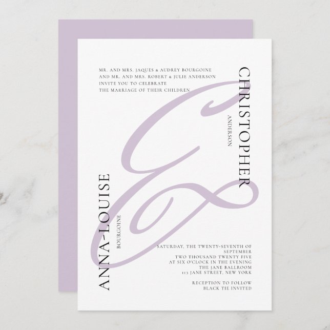 Delicate Formal Lavender Script Ampersand Wedding Invitation (Front/Back)