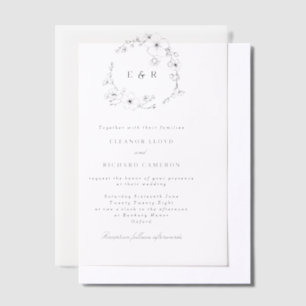 Delicate Formal Monogram Floral Wreath Wedding  Vellum Invitations