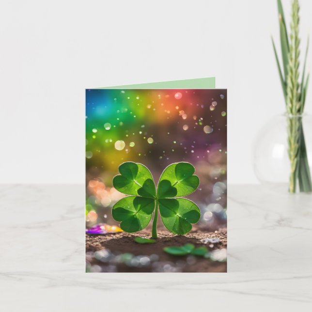 Delicate four-leaf clover in the sunlight holiday card (Front)