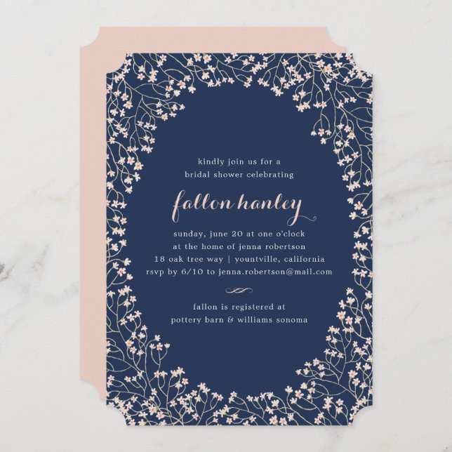 Delicate Frame Blush & Navy Bridal Shower Invite (Front/Back)