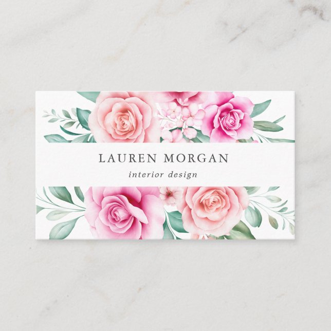 delicate garden floral pink roses business card (Front)