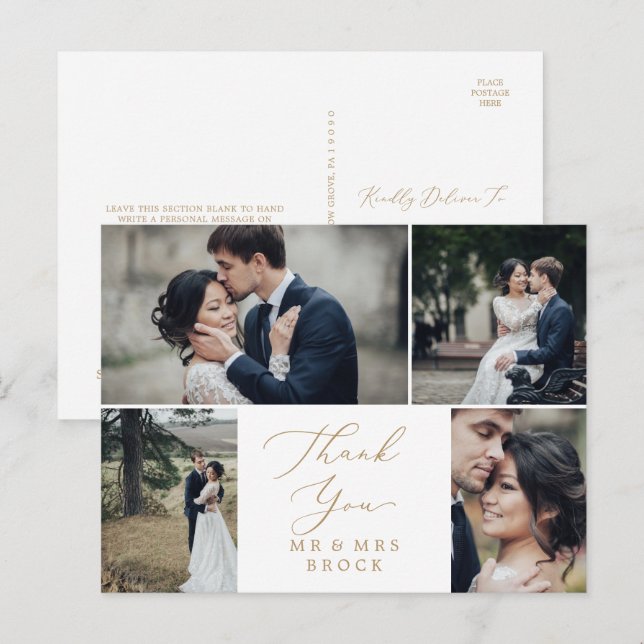 Delicate Gold 4 Photo Template Thank You Postcard (Front/Back)