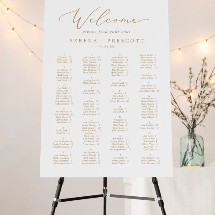 Wedding Seating Chart Board Size Delicate Gold Alphabetical Wedding Seating Chart Foam Board Zazzlecom