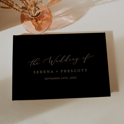 Delicate Gold and Black Monogram Back Wedding Guest Book