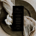 Delicate Gold and Black Wedding Dinner Menu<br><div class="desc">This delicate gold and black wedding dinner menu card is perfect for a modern wedding. The romantic minimalist design features lovely and elegant champagne golden yellow typography on a black background with a clean and simple look. This menu can be used for a wedding reception, rehearsal dinner, or any event....</div>