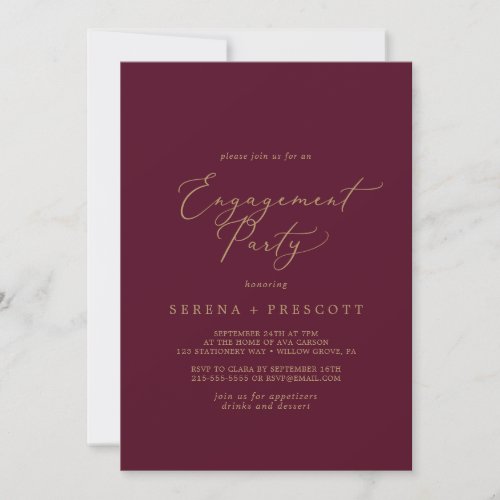 Delicate Gold and Burgundy Engagement Party Invitation