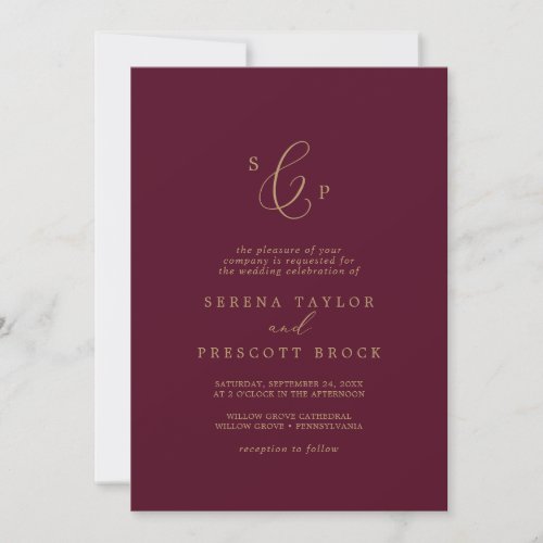 Delicate Gold and Burgundy Formal Monogram Wedding Invitation