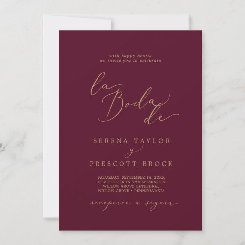 Delicate Gold and Burgundy La Boda De Wedding Invitation