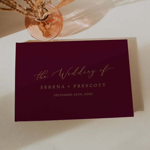 Delicate Gold and Burgundy Monogram Back Wedding Guest Book