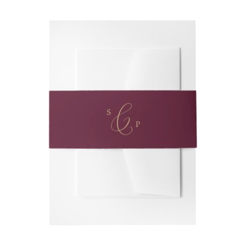 Delicate Gold and Burgundy Monogram Wedding Invitation Belly Band