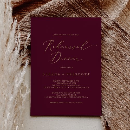 Delicate Gold and Burgundy Rehearsal Dinner Invitation