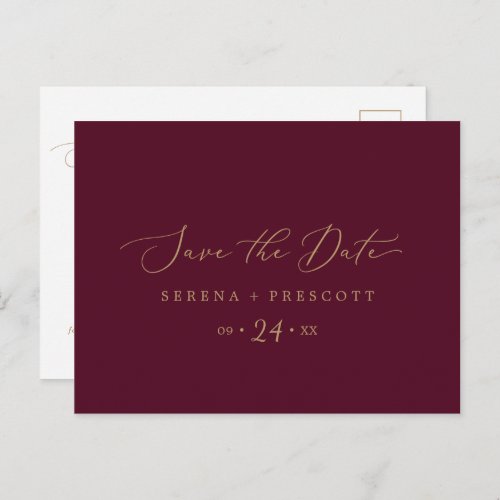 Delicate Gold and Burgundy Save the Date Postcard