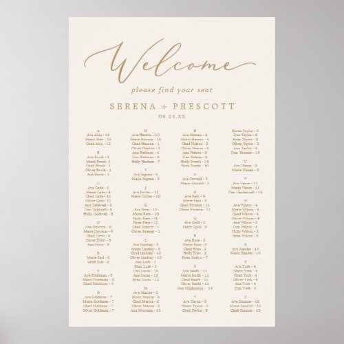 Delicate Gold and Cream Alphabetical Seating Chart