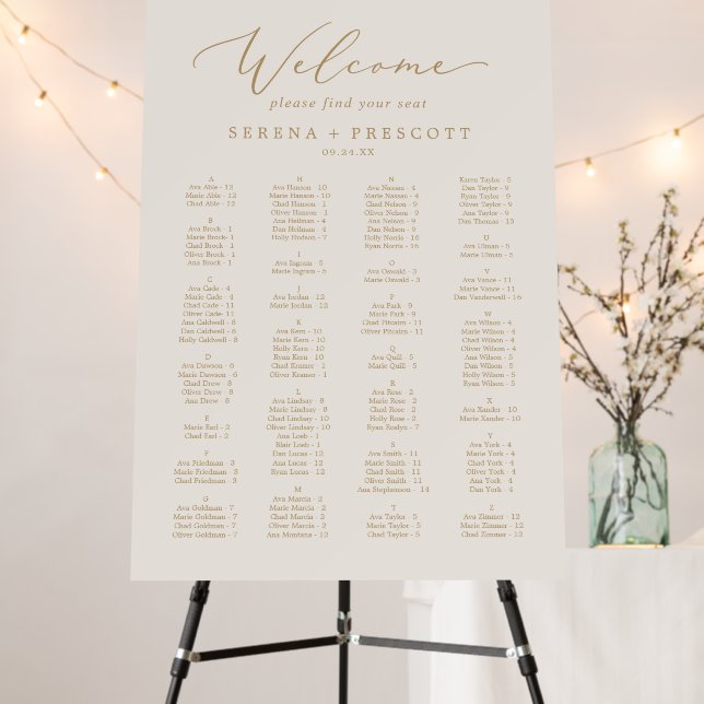 Delicate Gold and Cream Alphabetical Seating Chart Foam Board (In Situ (Stand))
