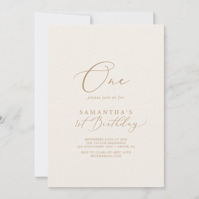 Delicate Gold and Cream First Birthday Party Invitation (Front)