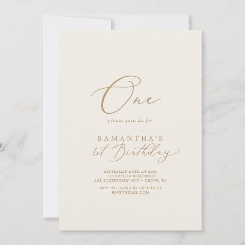 Delicate Gold and Cream First Birthday Party Invitation