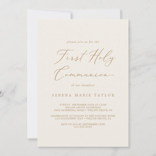Delicate Gold and Cream First Holy Communion Invitation
