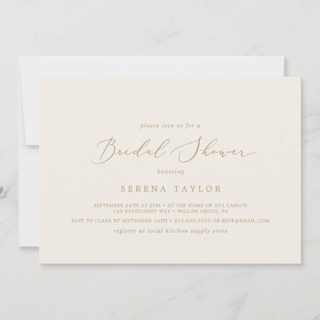 Delicate Gold and Cream Horizontal Bridal Shower Invitation (Front)