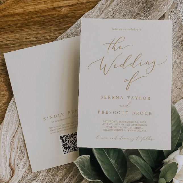Delicate Gold and Cream QR Code Back Wedding Invitation (Creator Uploaded)