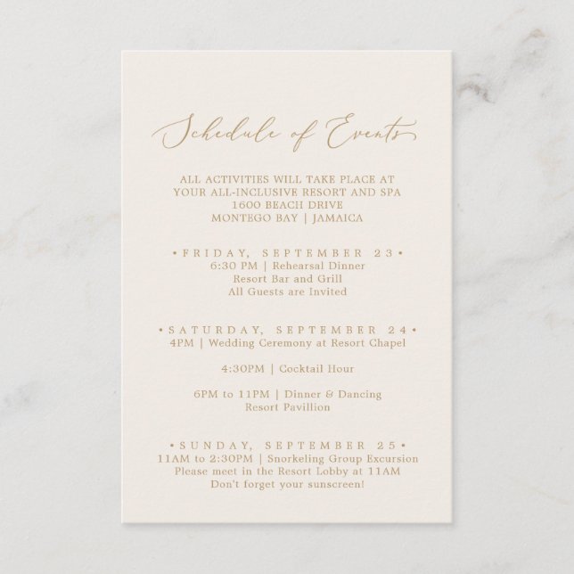Delicate Gold and Cream Wedding Schedule of Events Enclosure Card (Front)