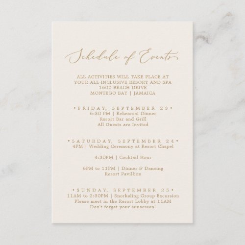 Delicate Gold and Cream Wedding Schedule of Events Enclosure Card