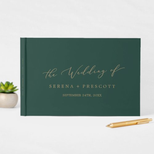 Delicate Gold and Green Monogram Back Wedding Guest Book