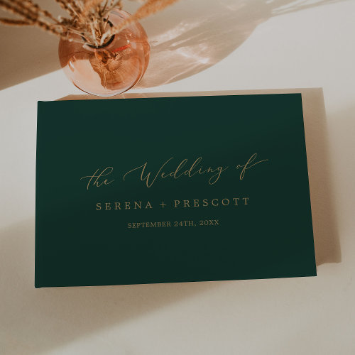 Delicate Gold and Green Monogram Back Wedding Guest Book