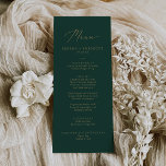 Delicate Gold and Green Wedding Dinner Menu<br><div class="desc">This delicate gold and green wedding dinner menu card is perfect for a modern wedding. The romantic minimalist design features lovely and elegant champagne golden yellow typography on an emerald green background with a clean and simple look. This menu can be used for a wedding reception, rehearsal dinner, or any...</div>