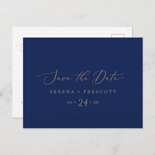 Delicate Gold and Navy Save the Date Postcard