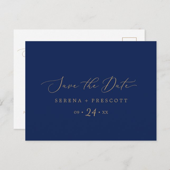 Delicate Gold and Navy Save the Date Postcard (Front/Back)