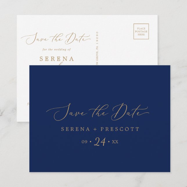 Delicate Gold and Navy Save the Date Postcard (Front/Back)
