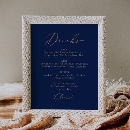 Delicate Gold and Navy Wedding Drink Menu Poster