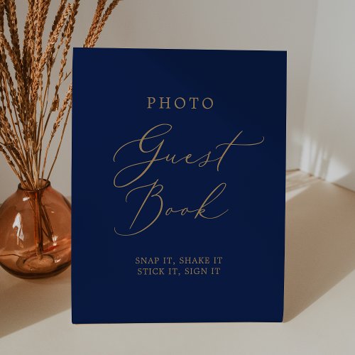 Delicate Gold and Navy Wedding Photo Guest Book Pedestal Sign