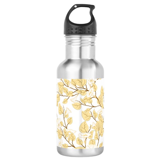 Delicate gold and white morning glory flower vine  stainless steel water bottle (Front)