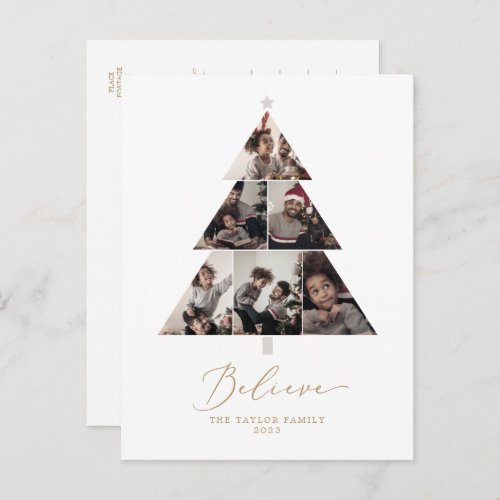 Delicate Gold Believe Christmas Tree 6 Photo Holiday Postcard