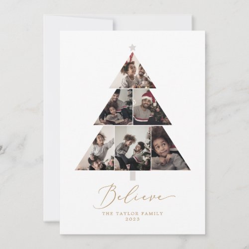 Delicate Gold Believe Christmas Tree 7 Photo Holiday Card