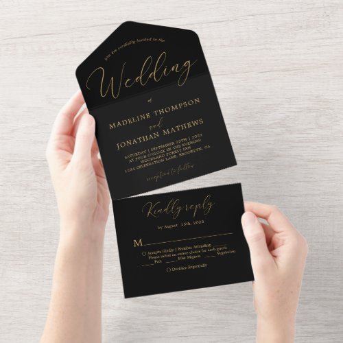 Delicate Gold Black Minimal Calligraphy Wedding All In One Invitation