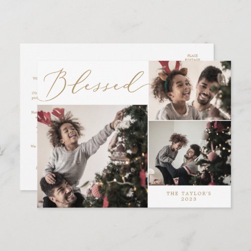 Delicate Gold Blessed 3 Photo Family Newsletter Holiday Postcard