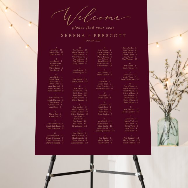 Delicate Gold Burgundy Alphabetical Seating Chart Foam Board (In Situ (Stand))