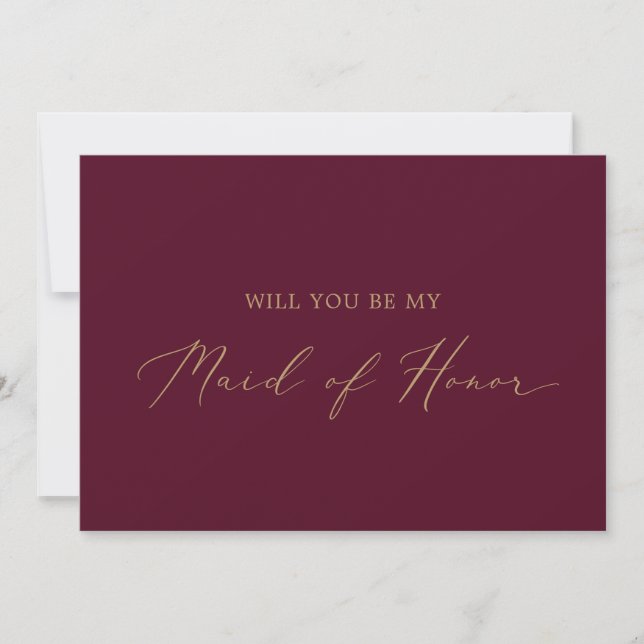 Delicate Gold Burgundy Maid of Honor Proposal Card (Front)