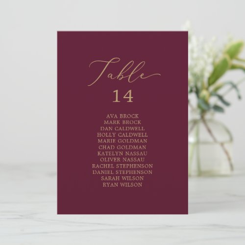 Delicate Gold Burgundy Table Seating Chart Card