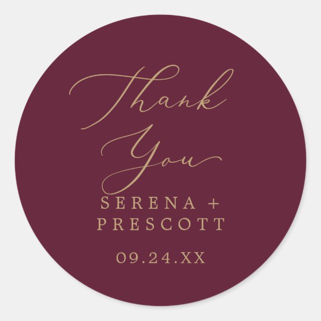Delicate Gold Burgundy Thank You Favor Sticker (Front)