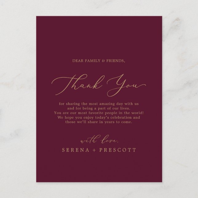 Delicate Gold Burgundy Thank You Reception Card (Front)