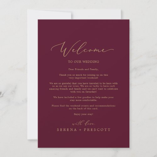 Delicate Gold Burgundy Welcome Letter  Itinerary