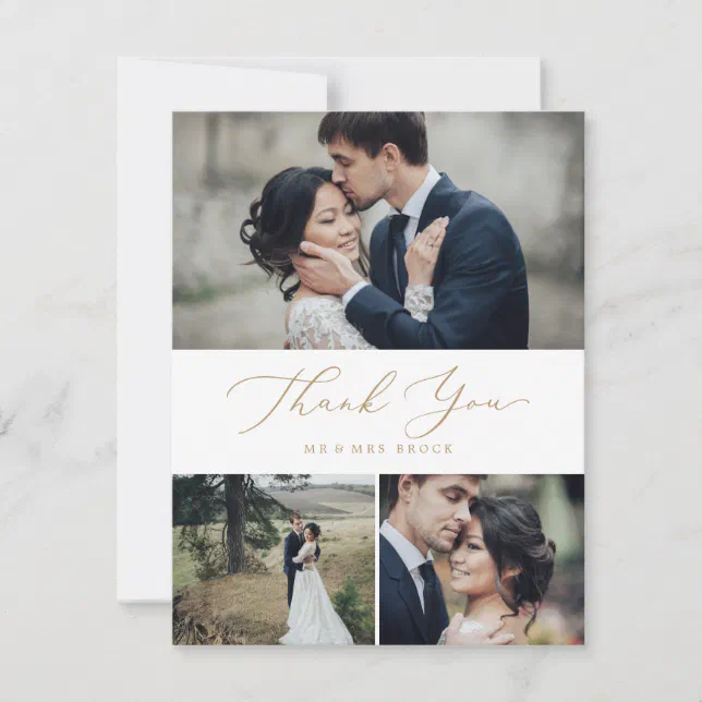 Delicate Gold Calligraphy 3 Photo Collage Thank You Card | Zazzle